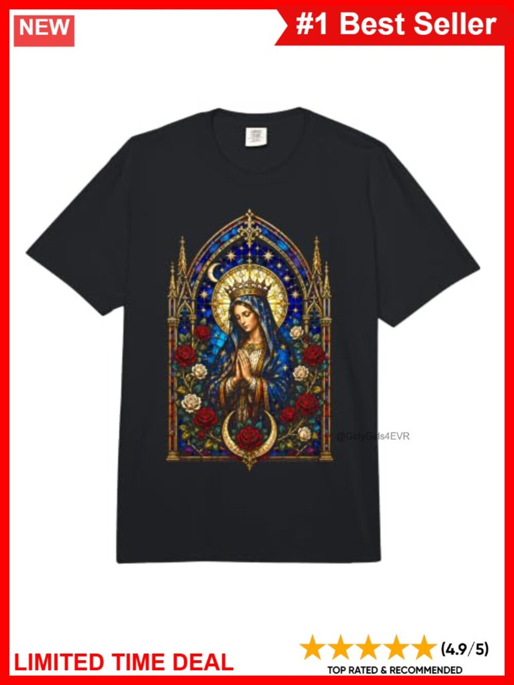 Gothic Virgin Mary Cathedral Roses Catholic Prayer Heavyweight Tee